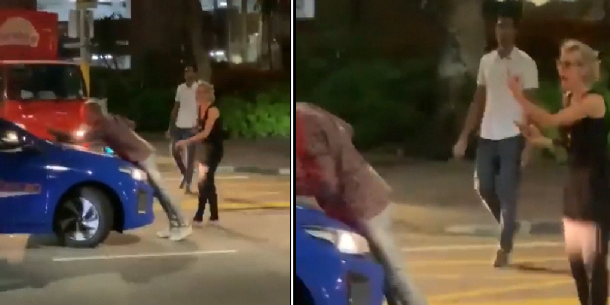 CAUCASIAN MAN BLOCKS COMFORT TAXI AND GIVES HIM THE FINGER