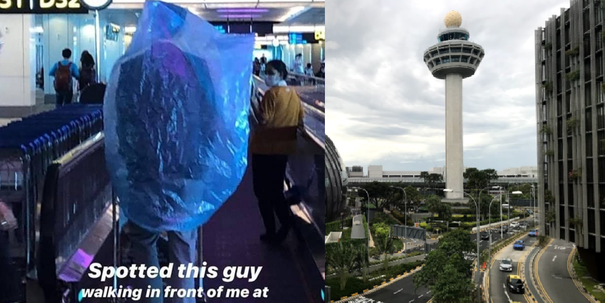 MAN ARRIVES IN CHANGI AIRPORT COVERED IN A CLEAR GARBAGE BAG. CREATIVE