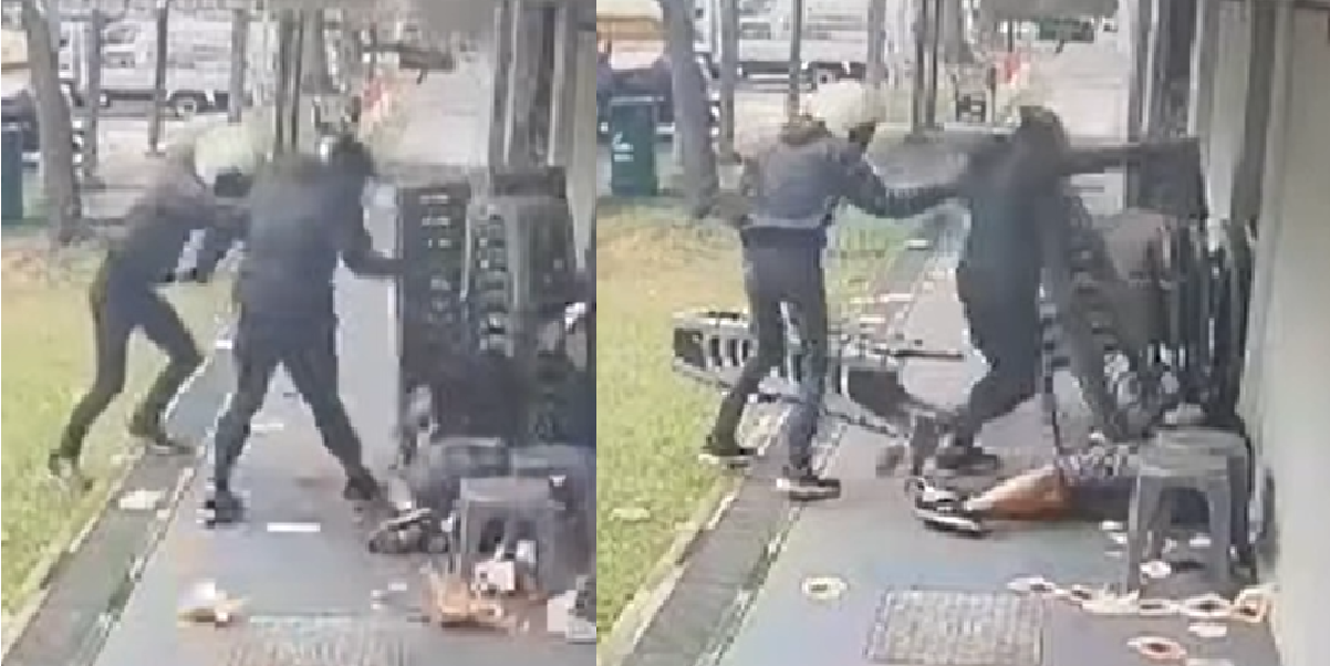 MAN GETS BEAT UP BY TWO GUYS IN HELMET, APPEARS TO BE PLANNED ATTACK