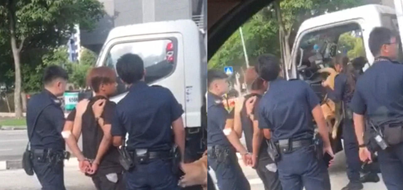 MAN HANDCUFFED, POLICE K-9 DOG SNIFFING FOR DRUGS ON THE LORRY