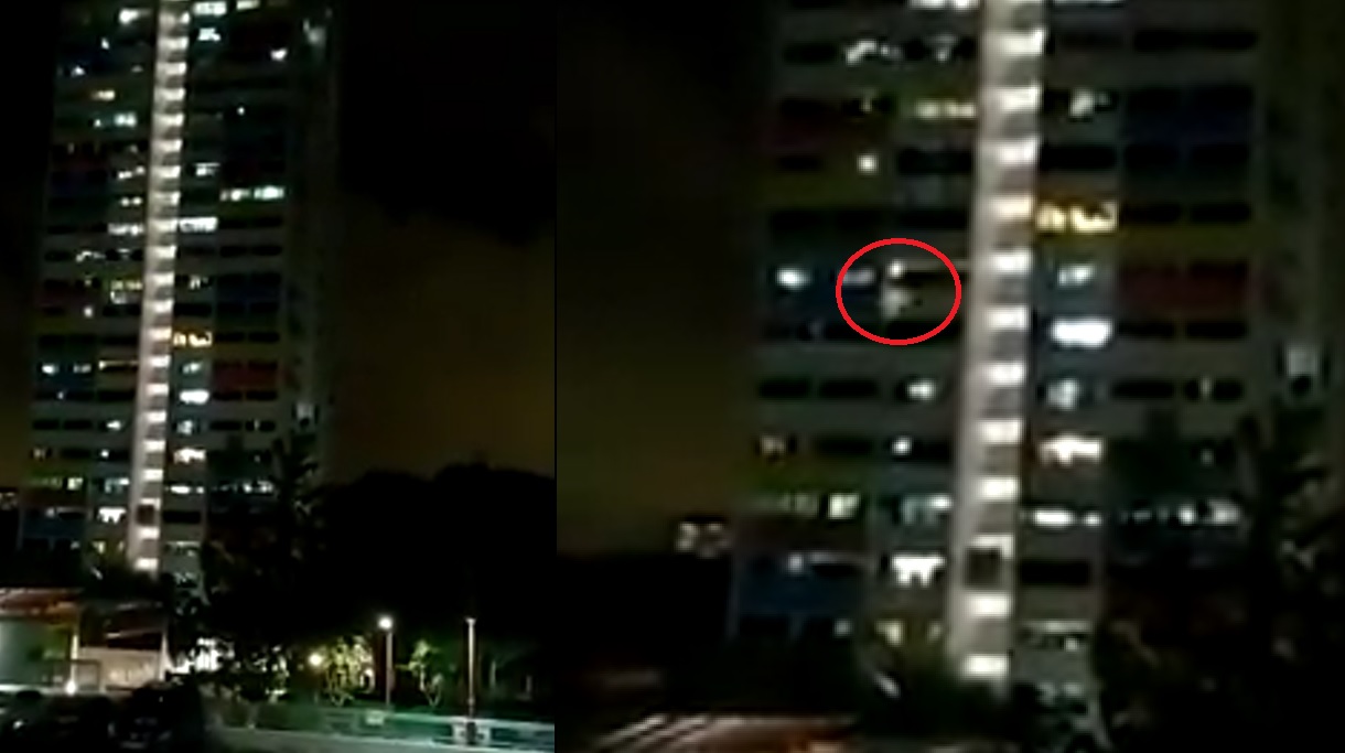 8 PM SING ALONG AT HDB, PHONE FALLS FROM HEIGHT. WOMAN SCREAMS AS PHONE FALLS