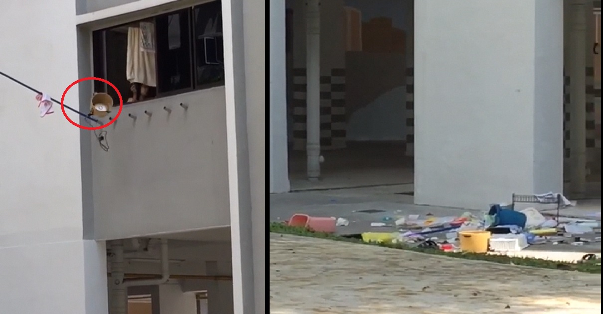 WOMAN THROWING COOKING POT AND WOK DOWN FROM HDB