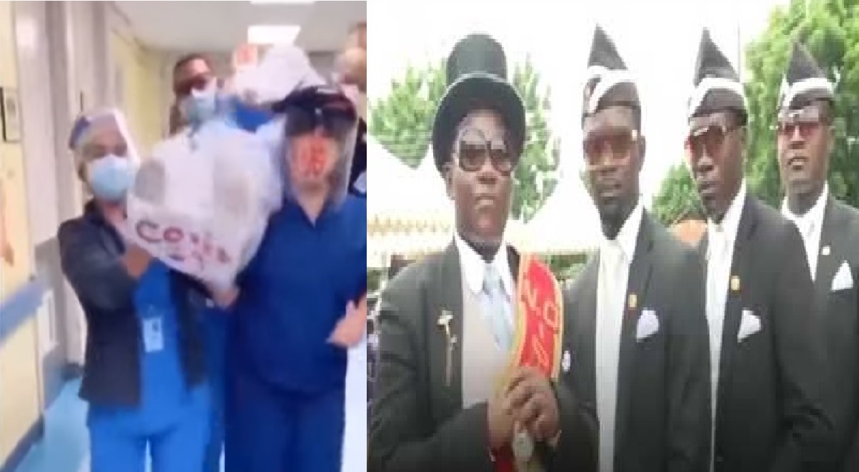 NURSES DANCING TO COFFIN DANCERS SONG WHILE CARRYING BODYBAG WITH COVID-19 LABEL