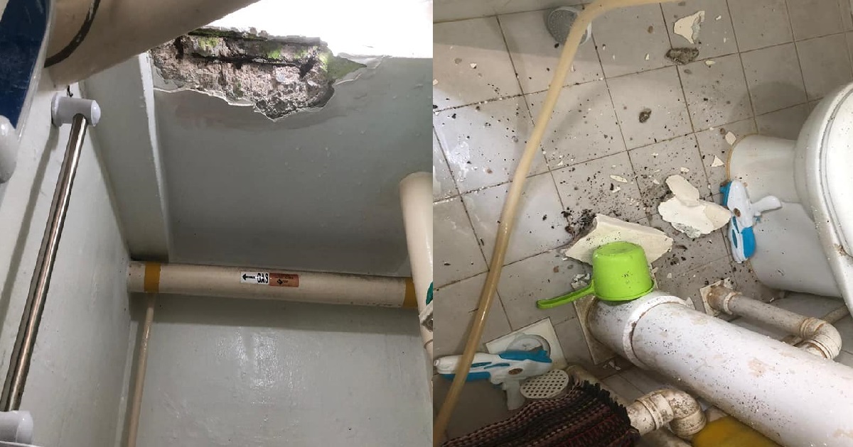 45 YEAR HDB UNIT CEILING FALL ON CHILD AFTER SPRAYING WATER AT IT