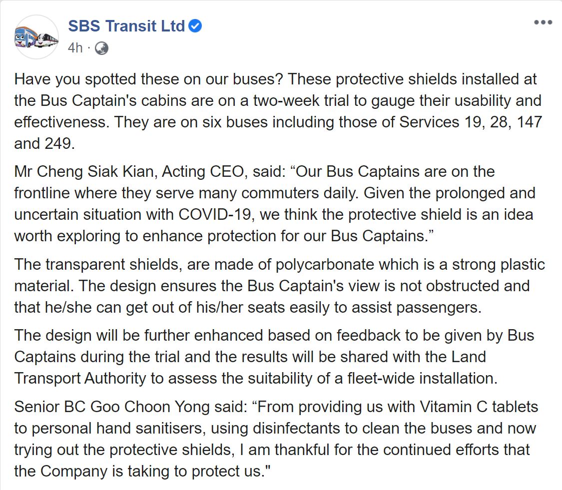 Shield From Bus SBS TRANSIT BEGINS TRIALS TO PROTECT BUS DRIVERS WITH PROTECTIVE SHIELDS