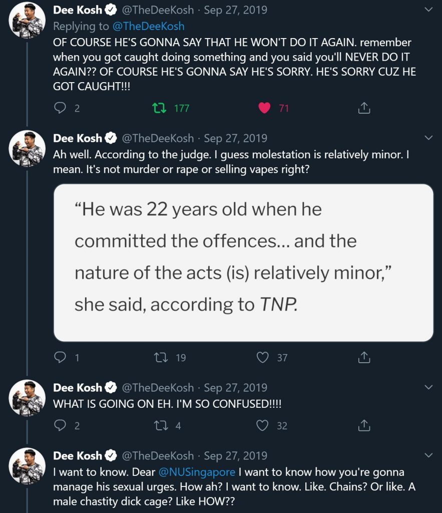 OLD TWEETS SURFACE OF DEE KOSH SAYING NUS MOLESTER WAS ...