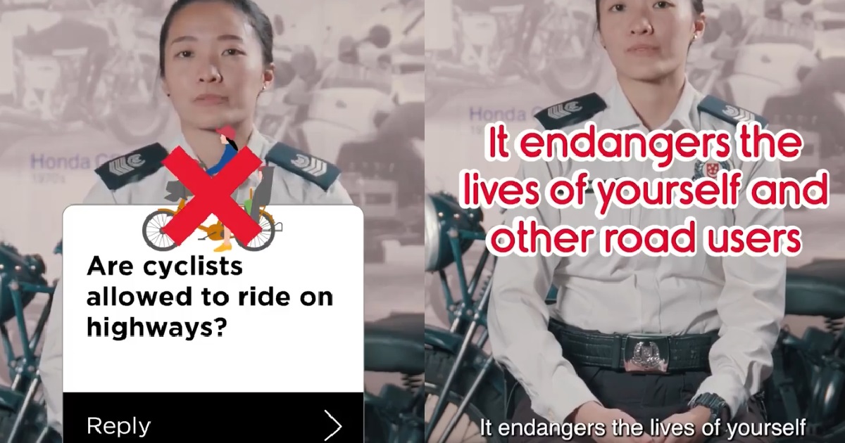 TRAFFIC POLICE JIE JIE SAY CYCLISTS ARE NOT ALLOWED TO RIDE ON HIGHWAYS