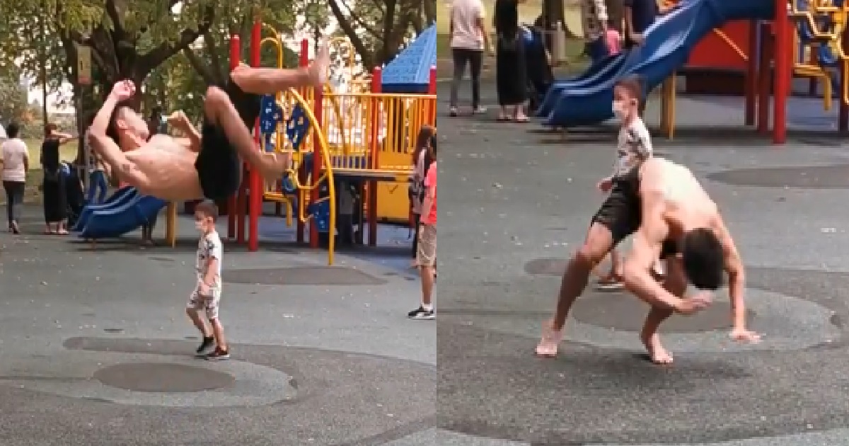 YOUNG PUNKS DOING BACKFLIPS DANGEROUSLY AT PLAYGROUND FULL OF CHILDREN