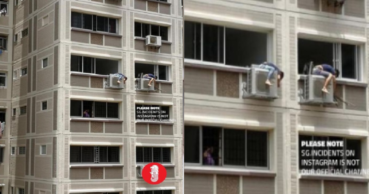 Aircon Contractors Sit Precariously On Aircon Ledge During Servicing