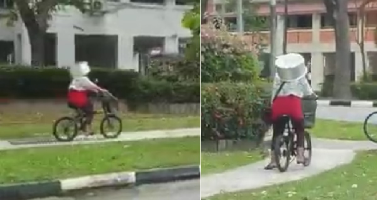 AUNTIE USES COOKING POT AS BICYCLE HELMET, NETIZENS LAUGH OUT LOUD