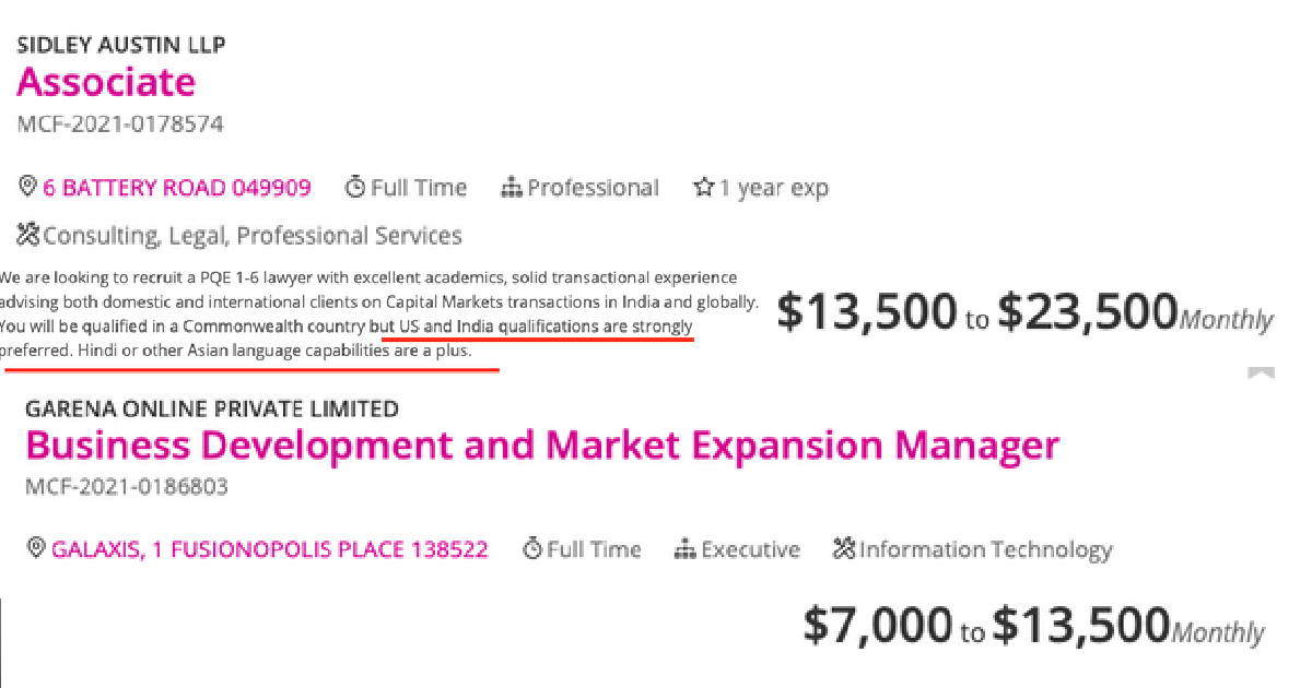SG JOBS BANK OFFERING <$10K JOBS WITH INDIA QUALIFICATIONS PREFERRED