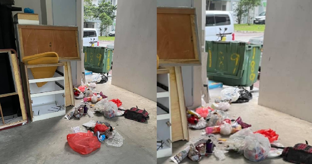 RESIDENT DISPOSES OF RUBBISH ON THE FLOOR, RIGHT BESIDE RUBBISH CHUTE