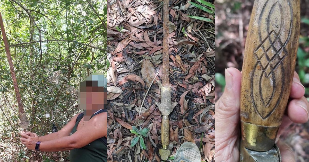 AUNTIE FINDS ABANDONED “WUSHU” SWORD IN FOREST. POSED TO TAKE PIC WITH IT