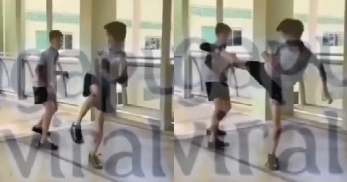 YOUNG PUNKS FIGHTING AT SCHOOL, SHOW OFF SPINNING KICK BUT MISSED