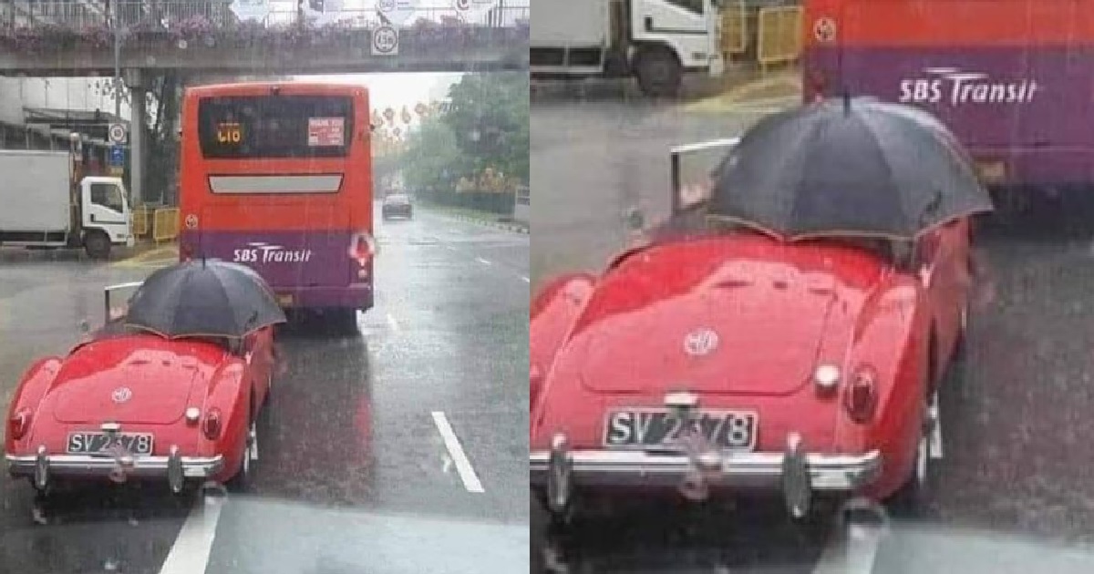 DRIVER OF CONVERTIBLE WITHOUT ROOF BOPIAN NEED TO USE UMBRELLA DURING RAIN