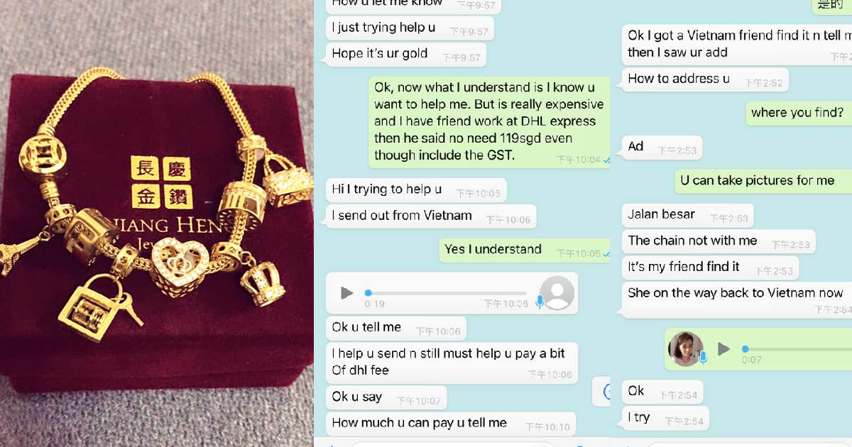 WOMAN LOSES GOLD BRACELET AT JALAN BESAR. VIETNAMESE TRIES TO SCAM HER