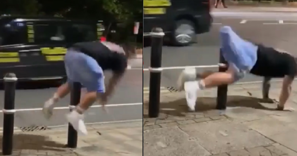 ANG MOH FAIL TO JUMP OVER BOLLARD, GIVES HIMSELF A WEDGIE INSTEAD
