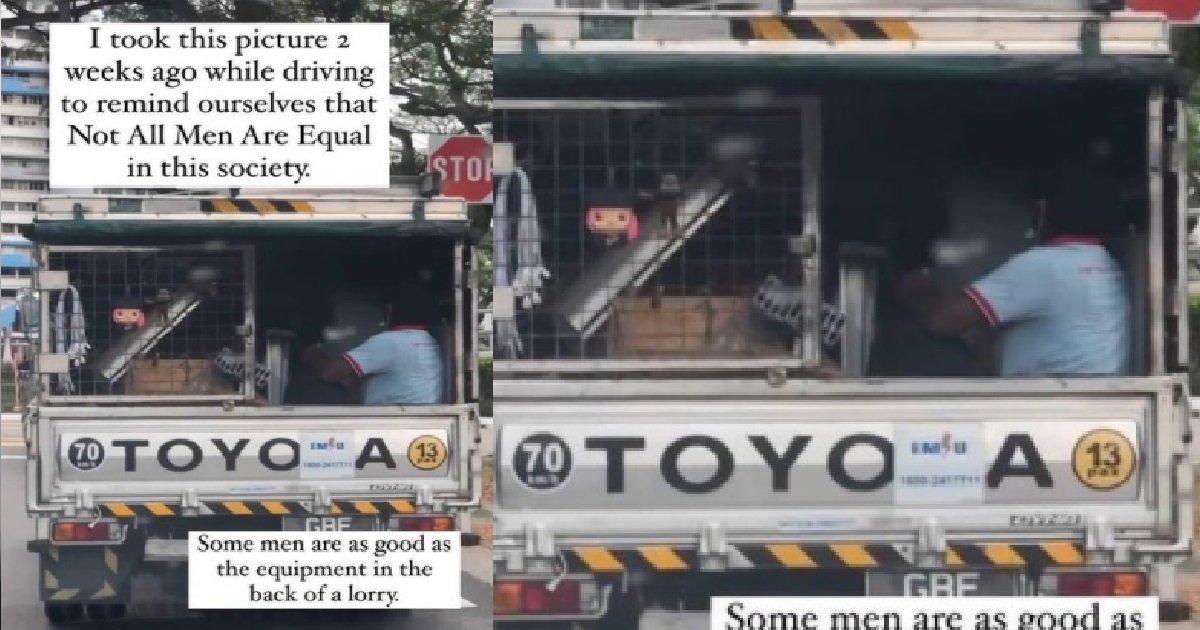 INDIAN WORKER SEEN SEATED AT THE BACK OF LORRY, SQUEEZING WITH OTHER EQUIPMENT