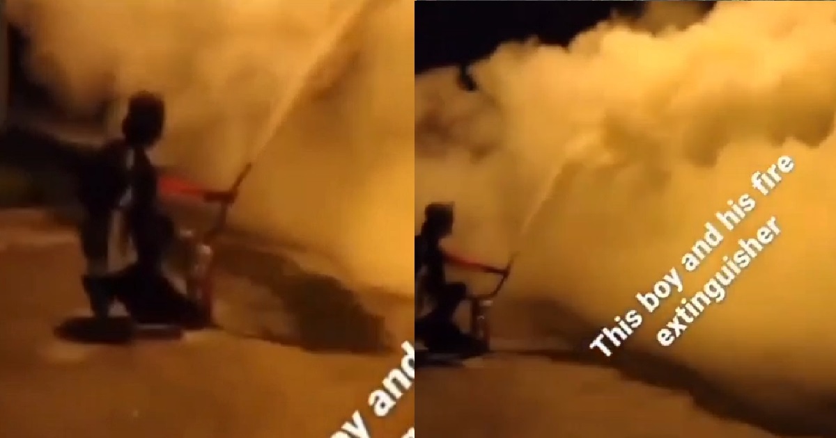 YP PLAYING WITH A FIRE EXTINGUISHER ON THE ROAD, SPRAY EVERYWHERE