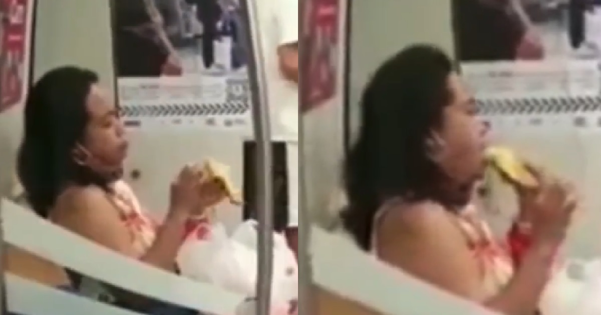 WOMAN TAKE OFF MASK AND HAPPILY EATING BANANA INSIDE MRT