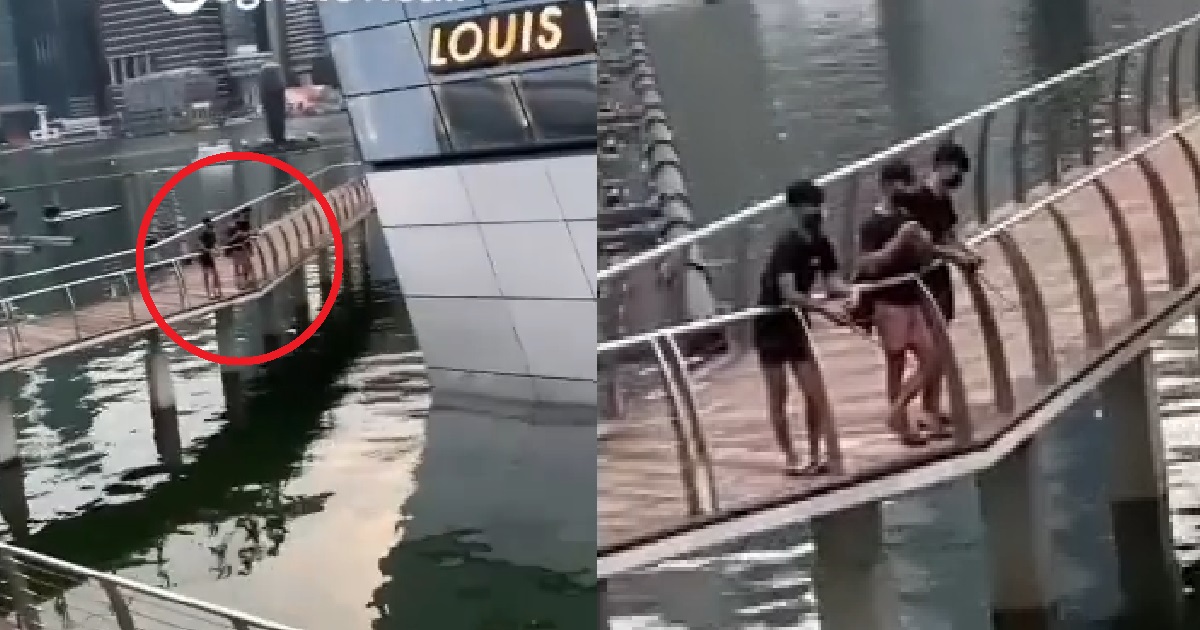 YOUNG PUNKS ILLEGALLY FISHING IN WATERS IN FRONT OF LOUIS VUITTON @MBS