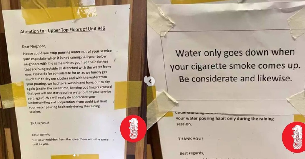 NEIGHBOURS PASTE NOTICES TO SCOLD EACH OTHER: SMOKER VS POURING WATER