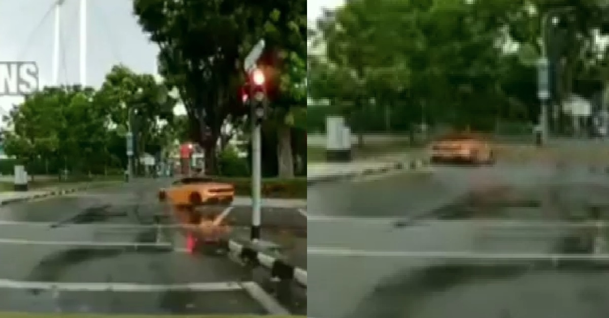 LAMBO DRIVER DRIFTING ON WET SLIPPERY ROAD, HITS KERB, CONTINUE DRIVING