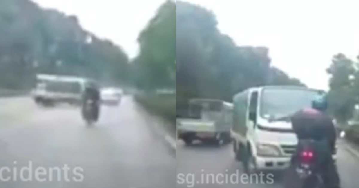 LORRY ON EXPRESSWAY SUDDENLY 180 DEGREE U-TURN, ALMOST BANG MOTORCYCLIST