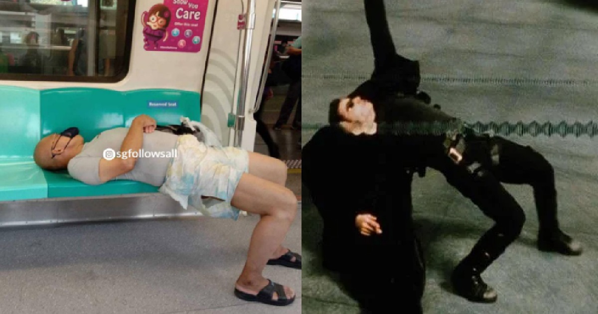 UNCLE TIRED, SO HE SLEEP IN MRT LIKE NEO FROM THE MATRIX