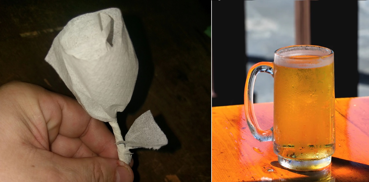DESPERATE GUY MAKES TISSUE ROSE IN BAR AND GIVES IT TO WAITRESS, THROWN AWAY