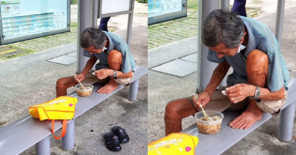 UNCLE NOT ALLOWED TO DINE IN, SO HE EAT AT BUS STOP INSTEAD