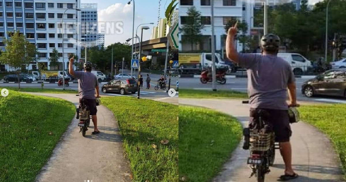 EBIKE ON FOOTPATH, POINT MIDDLE FINGER AT PEDESTRIAN PUSHING BABY STROLLER