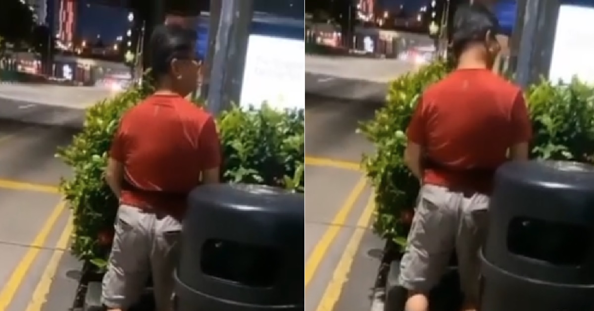 MAN PEES AT BUS STOP “WATERING THE PLANTS”