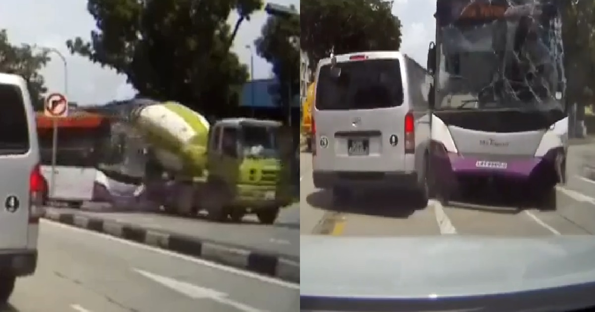 CEMENT TRUCK BEATS RED LIGHT, CRASHES INTO BUS, BUS DRIVER THROWN OFF HIS SEAT