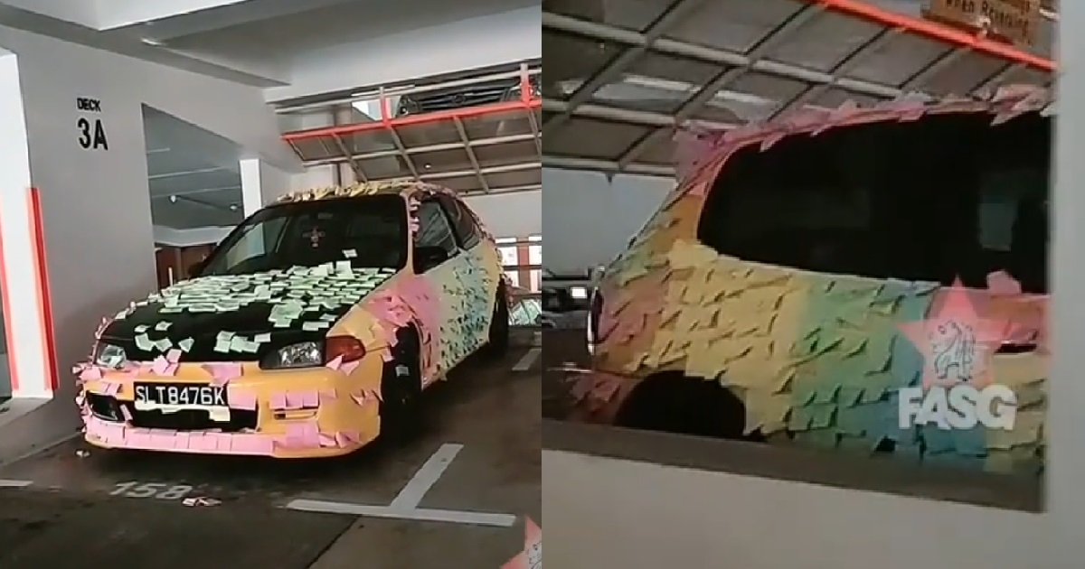CAR ALLEGEDLY KENA VANDALISED, WHOLE CAR PASTED WITH POST-IT NOTES