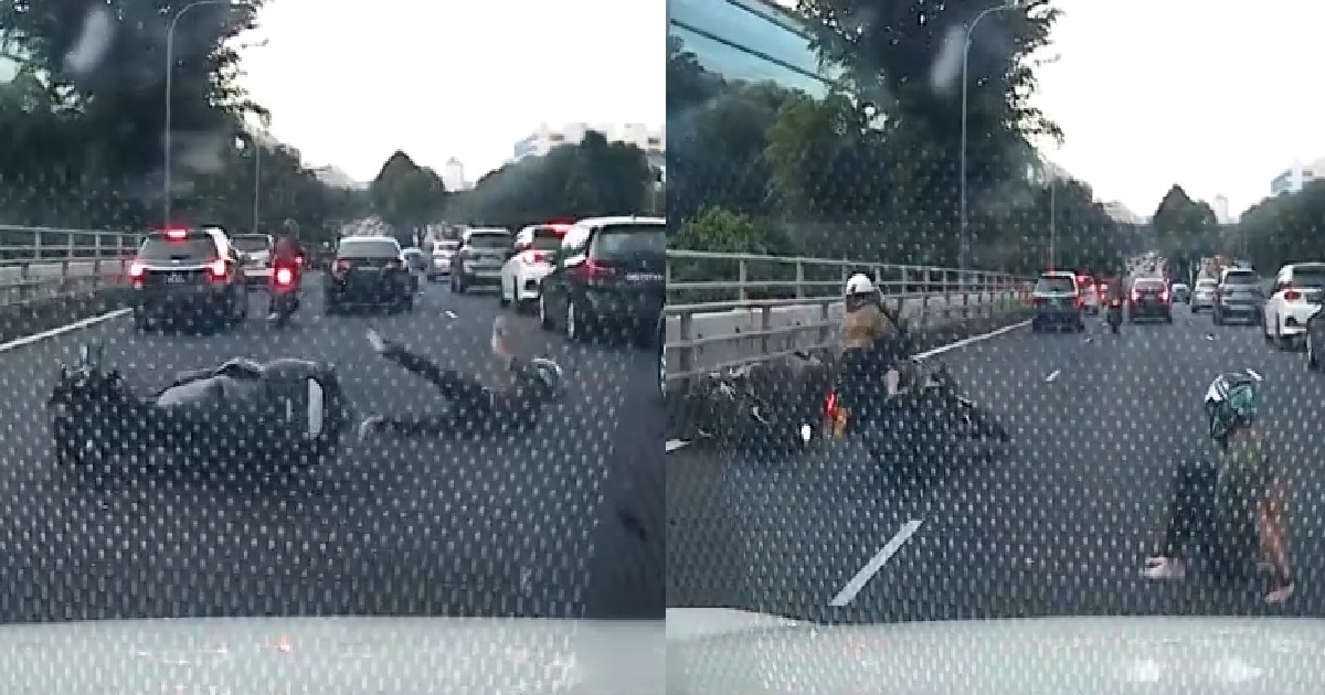 MOTORCYCLE CRASHED ON ROAD, PASSING MOTORIST RODE OVER FALLEN BIKE, CRASHED AS WELL