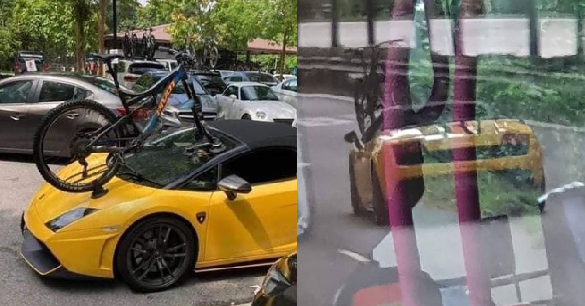 LAMBORGHINI DRIVER MOUNTS BICYCLE ONTO WINDSHIELD