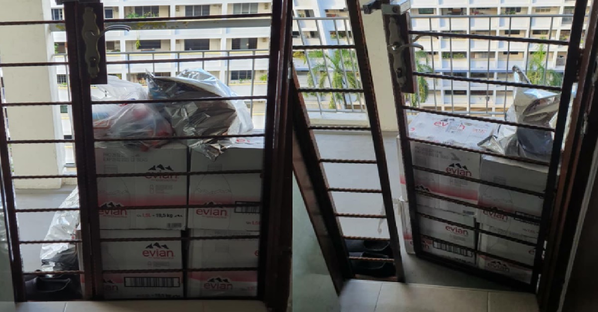 BRAINLESS DELIVERY-MAN BLOCKS GATE WITH CARTONS OF WATER, “HOW TO OPEN?”