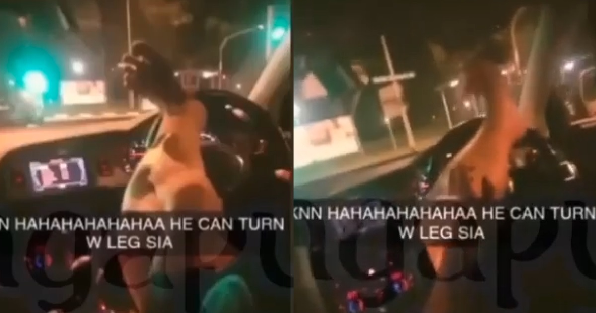 YOUNG PUNK USE LEG TO DRIVE CAR, TURN STEERING WHEEL WITH HIS FEET