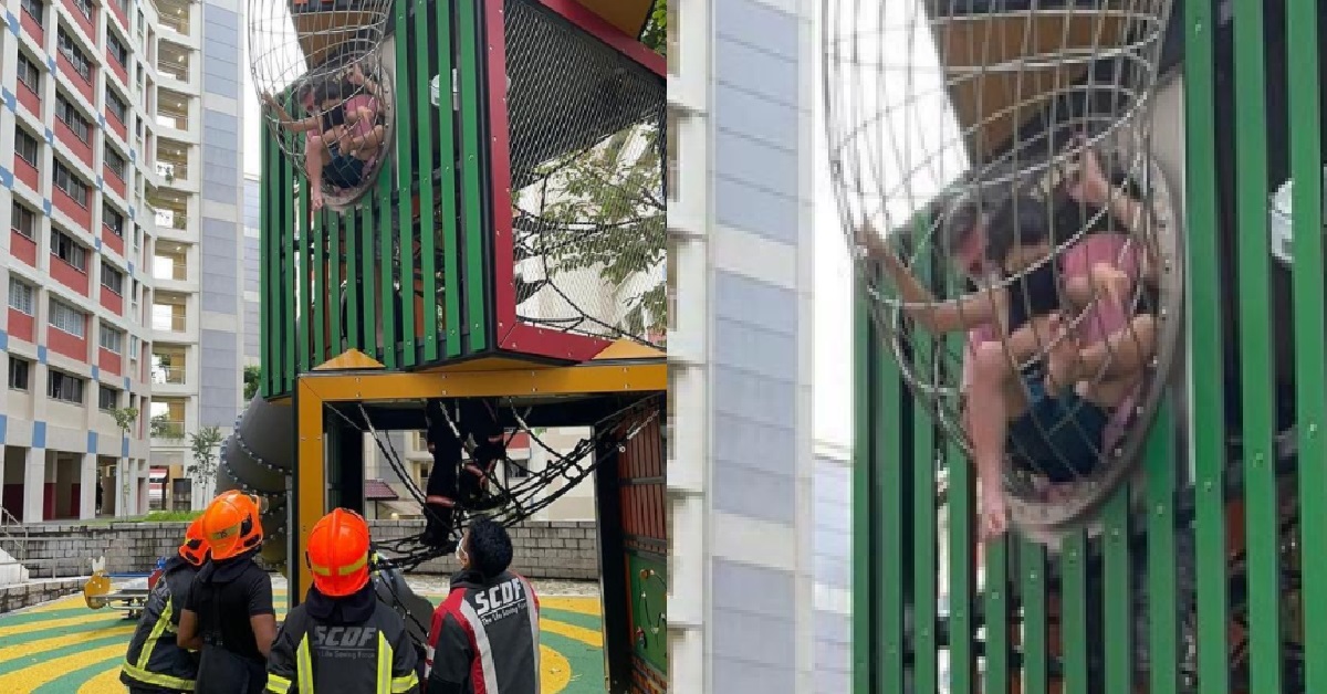 6 Y.O STUCK INSIDE WIRE AT PLAYGROUND, RESCUED BY SCDF