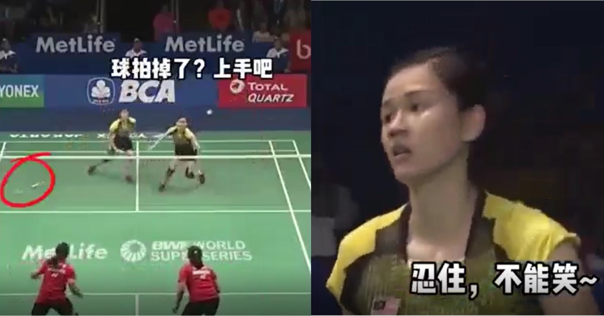 GIRL USE HAND TO PLAY BADMINTON, TRIES TO CONTROL LAUGHTER
