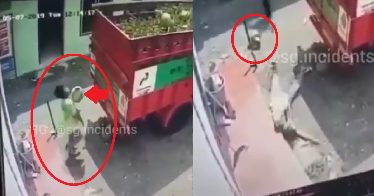 GUY THROW GAS TANK INTO LORRY, BOUNCE BACK AND HIT HIMSELF, KO