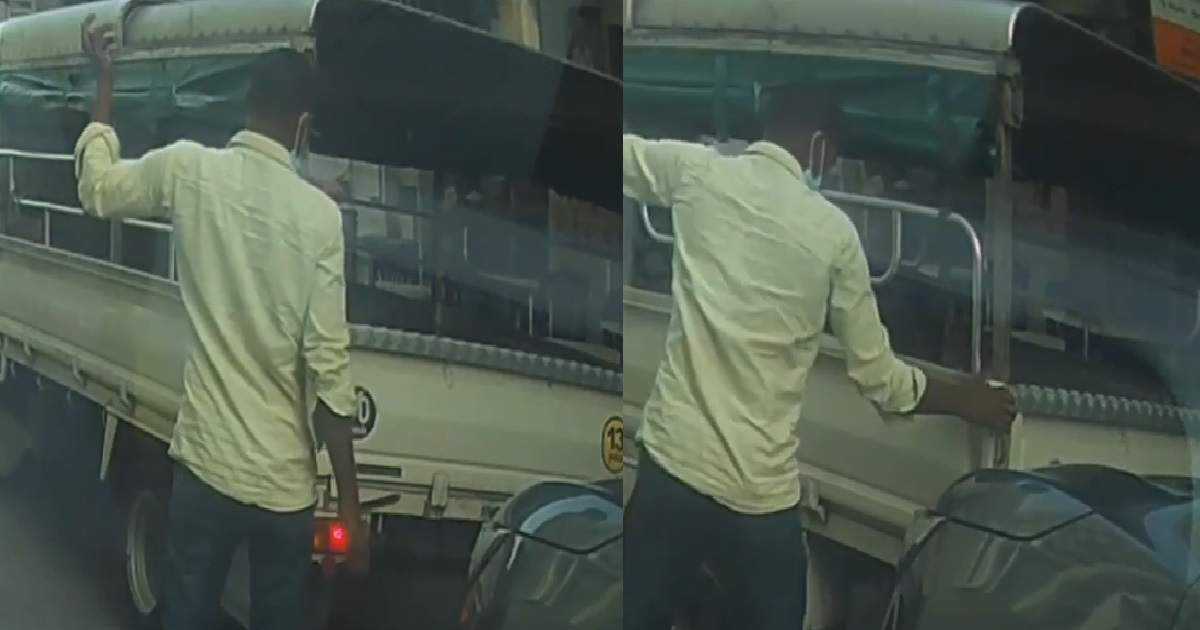 FW TRY TO DIRECT LORRY OUT OF PARKING LOT, FAIL AND BANG CAR BEHIND
