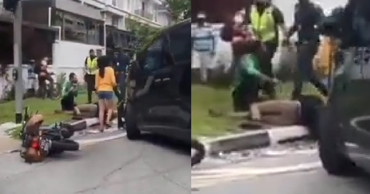 MOTORCYCLIST HIT BY U-TURNING CAR, KO ON GRASS PATCH