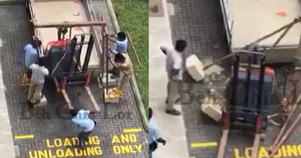 WORKERS TRY TO GET FORKLIFT OFF LORRY, ALMOST KENA CRUSHED