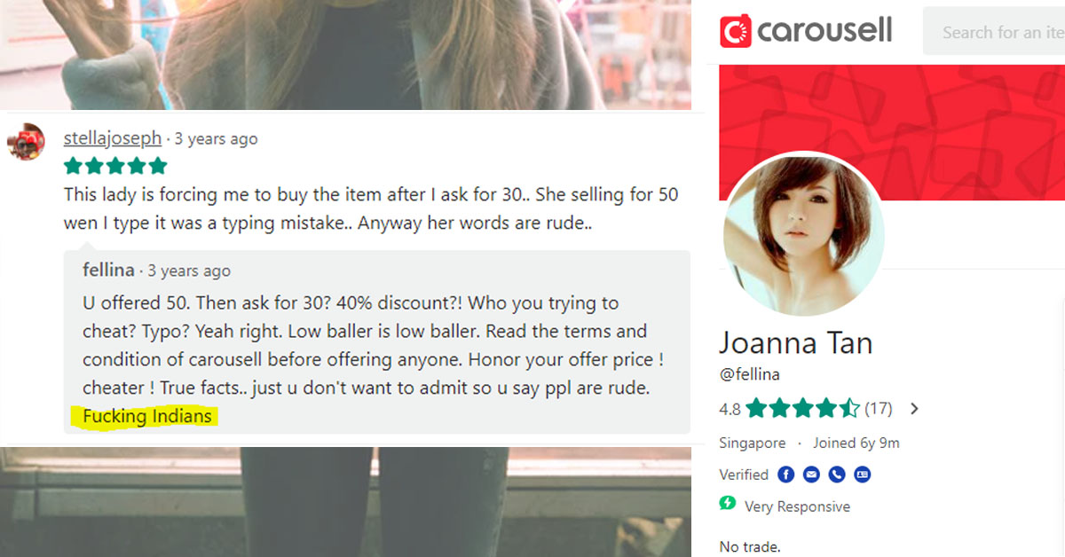 RACIST CAROUSELLER GIVE DEROGATORY REPLIES IN HER REVIEWS