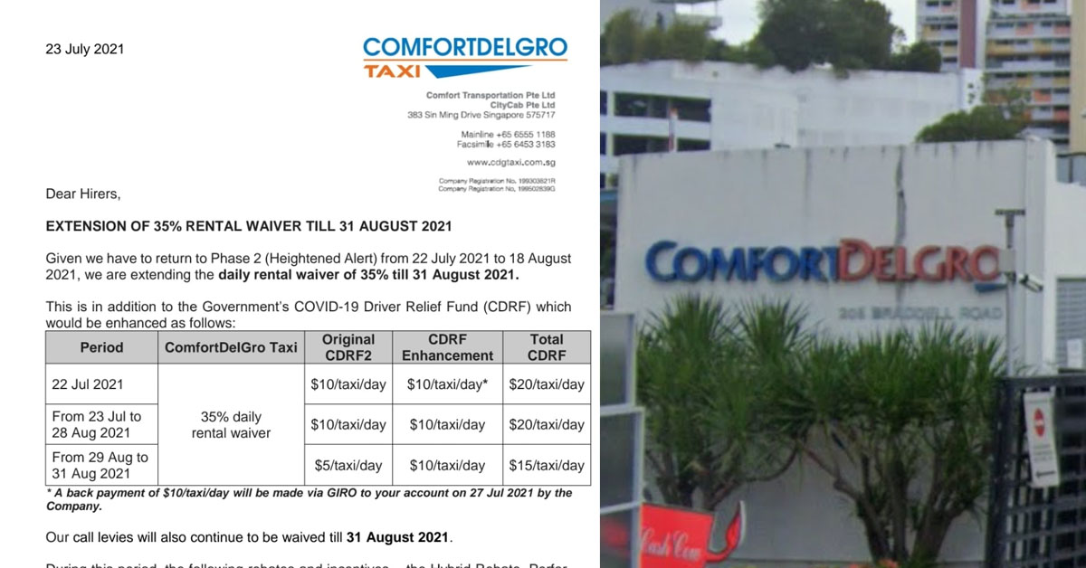 COMFORT DELGRO OFFERS 35% RENTAL WAIVER TILL AUG 31 FOR TAXI DRIVERS