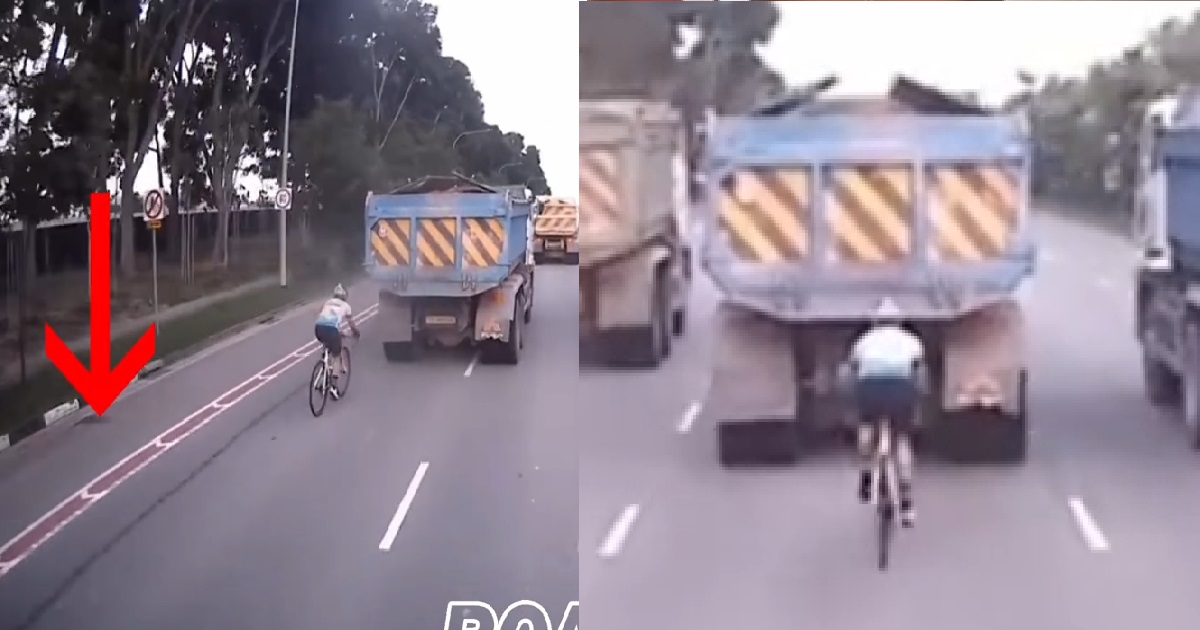 ERRANT CYCLIST REFUSE TO USE CYCLING LANE, TAILGATE TIPPER TRUCK INSTEAD