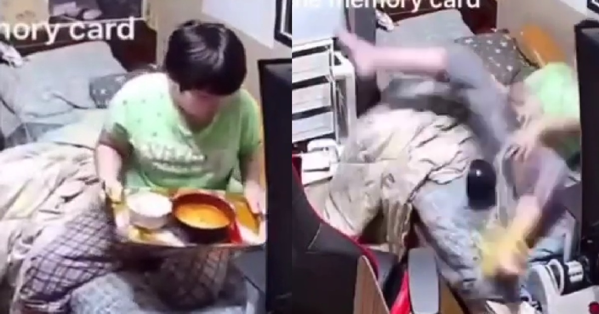 LAZY BOY EATING IN BED, SPILLS HOT SOUP ON HIS KKB, STARTS SCREAMING