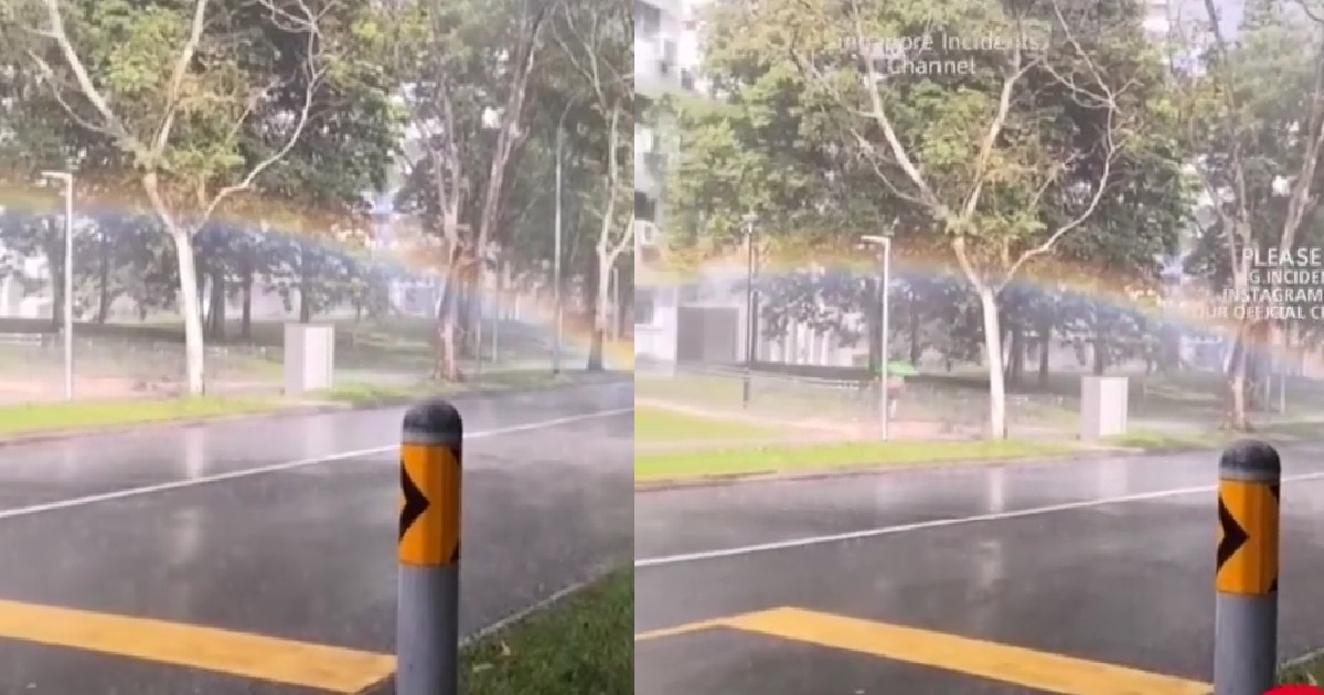 LOVELY RAINBOW SEEN “FLOATING” RIGHT ABOVE ROAD AFTER RAIN
